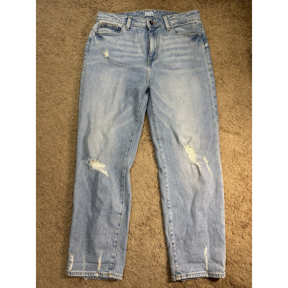 DKNY Jeans Women 29 Straight Leg Baggy Distressed Light Blue Denim Preppy Grunge
